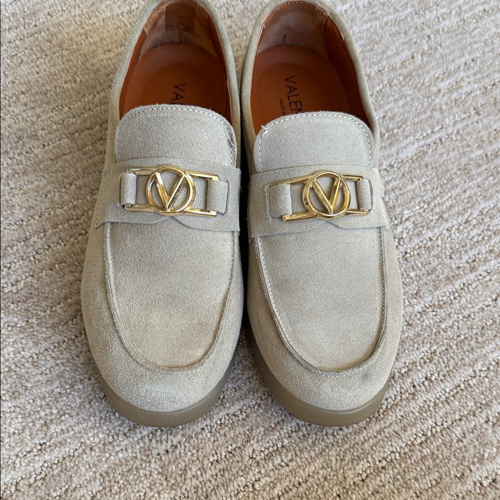Valentino Light Tan Suede Loafers with Gold Accent